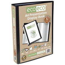 eco-eco A4 Size 50% Recycled 80 Pocket Black Presentation Display Book, Storage Case Portfolio Art Folder with Plastic Sleeves
