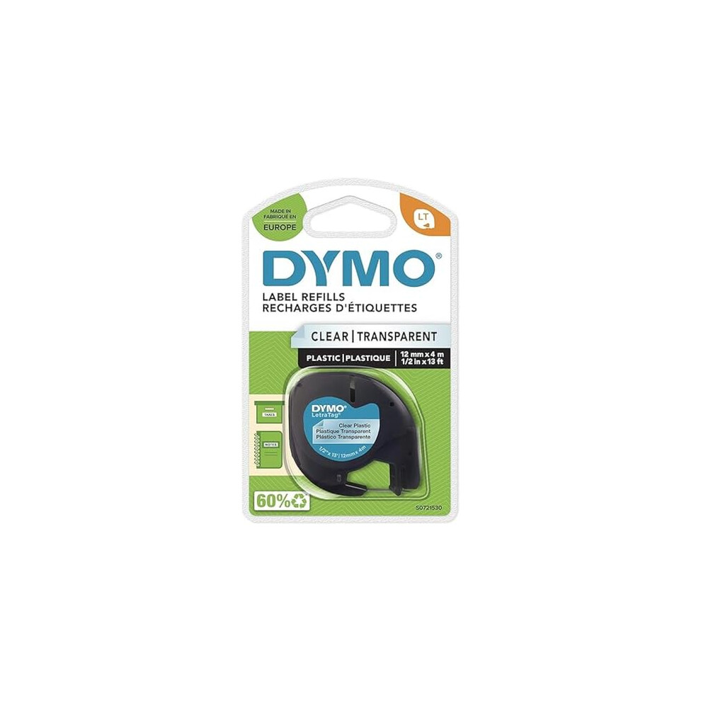 DYMO LetraTag Plastic Labels Black Print on Clear Labels 12 mm x 4 m Roll Authentic Self-Adhesive Multipurpose Labels for LetraTag Label Makers