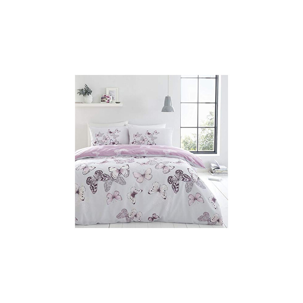 Catherine Lansfield Bedding Scatter Butterfly Double Duvet Cover Set with Pillowcases Heather