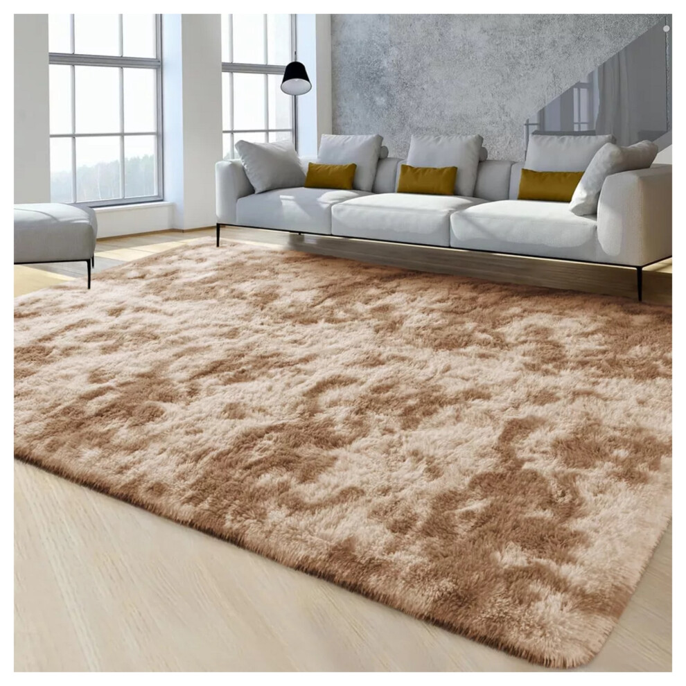 (60cm x 110cm (2ft x 3ft 7"), Tie-Dye Beige Shaggy Rugs) Fluffy Rug Non-Slip Shaggy Rugs Living Room Carpet