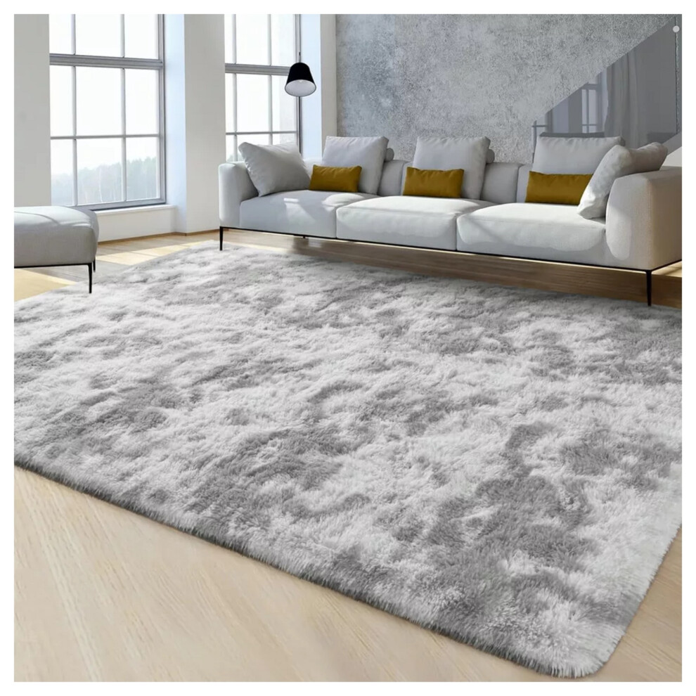 (160cm X 230cm (5ft 3" X 7ft 6"), Tie-Dye Light Grey/Silver Shaggy Rugs) Fluffy Rug Non-Slip Shaggy Rugs Living Room Carpet