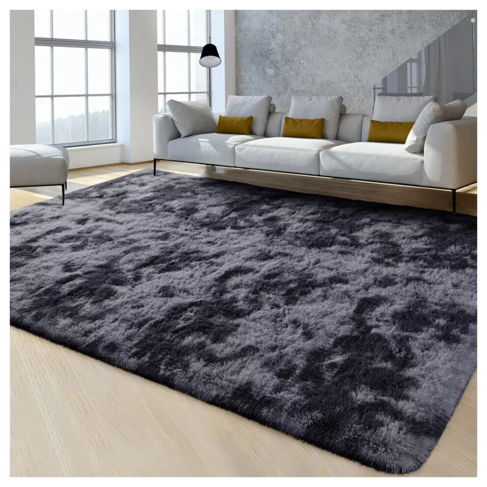 (60cm x 110cm (2ft x 3ft 7"), Tie-Dye Grey/Black Grey Shaggy Rugs) Fluffy Rug Non-Slip Shaggy Rugs Living Room Carpet