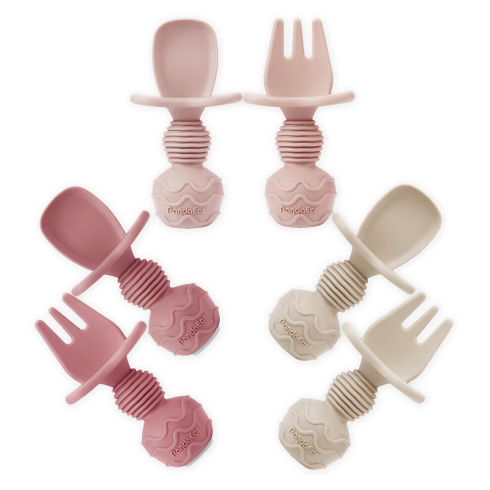 6 Pack Silicone Baby Spoons And Fork Feeding Set- Anti-Choke First Self Feeding Utensils For Baby Led Weaning Ages 3 Months - Pink Pandaear
