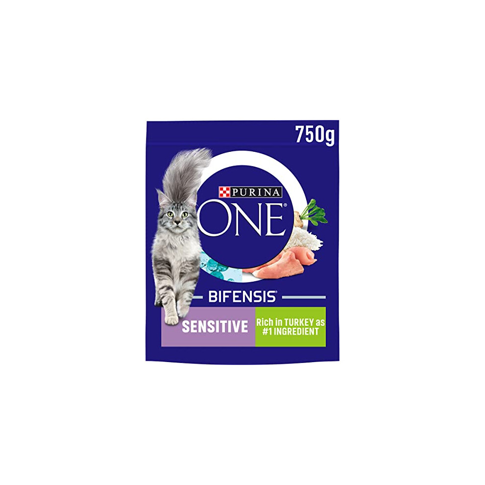 Purina ONE Sensitive Dry Cat Food Rich in Turkey 750g (Pack of 4), Packaging May Vary