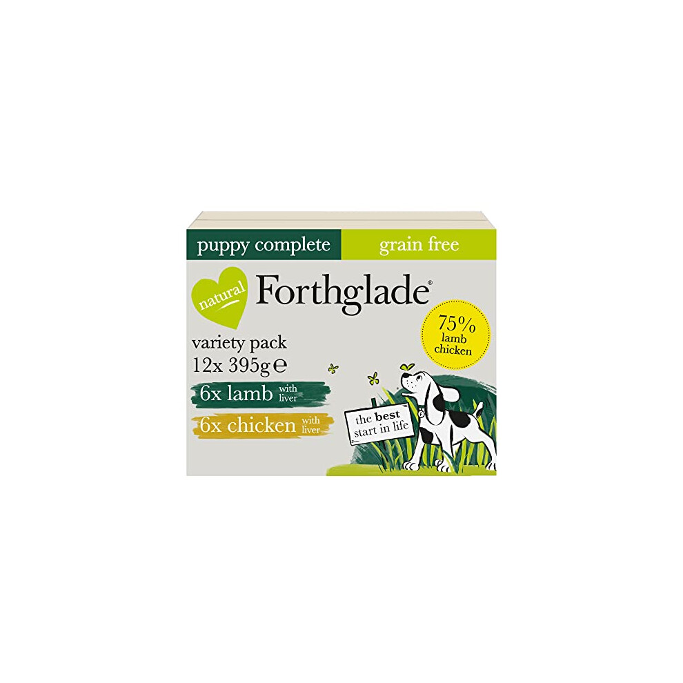 Forthglade Complete Natural Wet Dog Food - Grain Free Variety Pack (12 x 395g) Trays - Lamb with Liver & Chicken with Liver & Vegetables - Puppy Dog