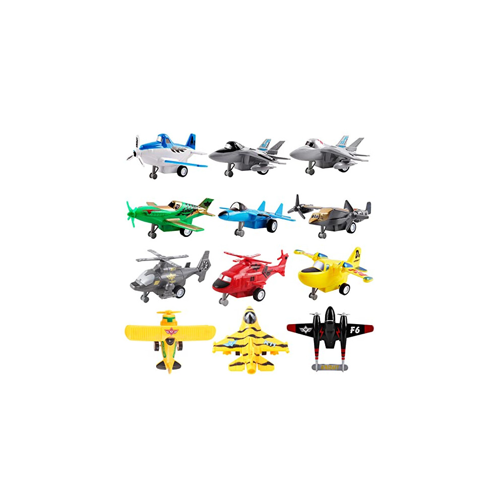 deAO Set of 12 Pull Back Airplanes Vehicle Playset Variety Pack of Helicopters, Stealth Bombers, Fighter Jets, Aircraft, Planes, Multicoloured