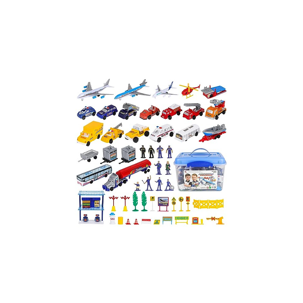 deAO Deluxe 55-Piece Kids Commercial Airport Set in Storage Bucket with Toy Airplanes, Play Vehicles, Police Figures, and Accessories, Multicoloured