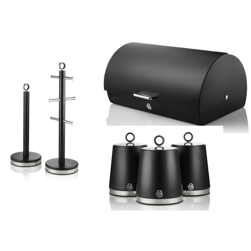 Swan Swan Serenity Black Bread Bin, Canisters, Mug Tree & Towel Pole Set