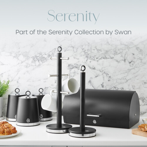 Swan Swan Serenity Black Bread Bin, Canisters, Mug Tree & Towel Pole Set 1