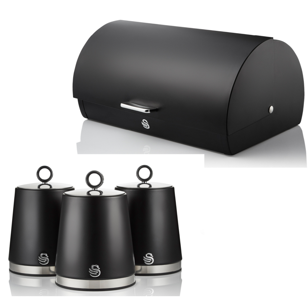Swan Serenity Bread Bin & Canisters Kitchen Storage Set Black