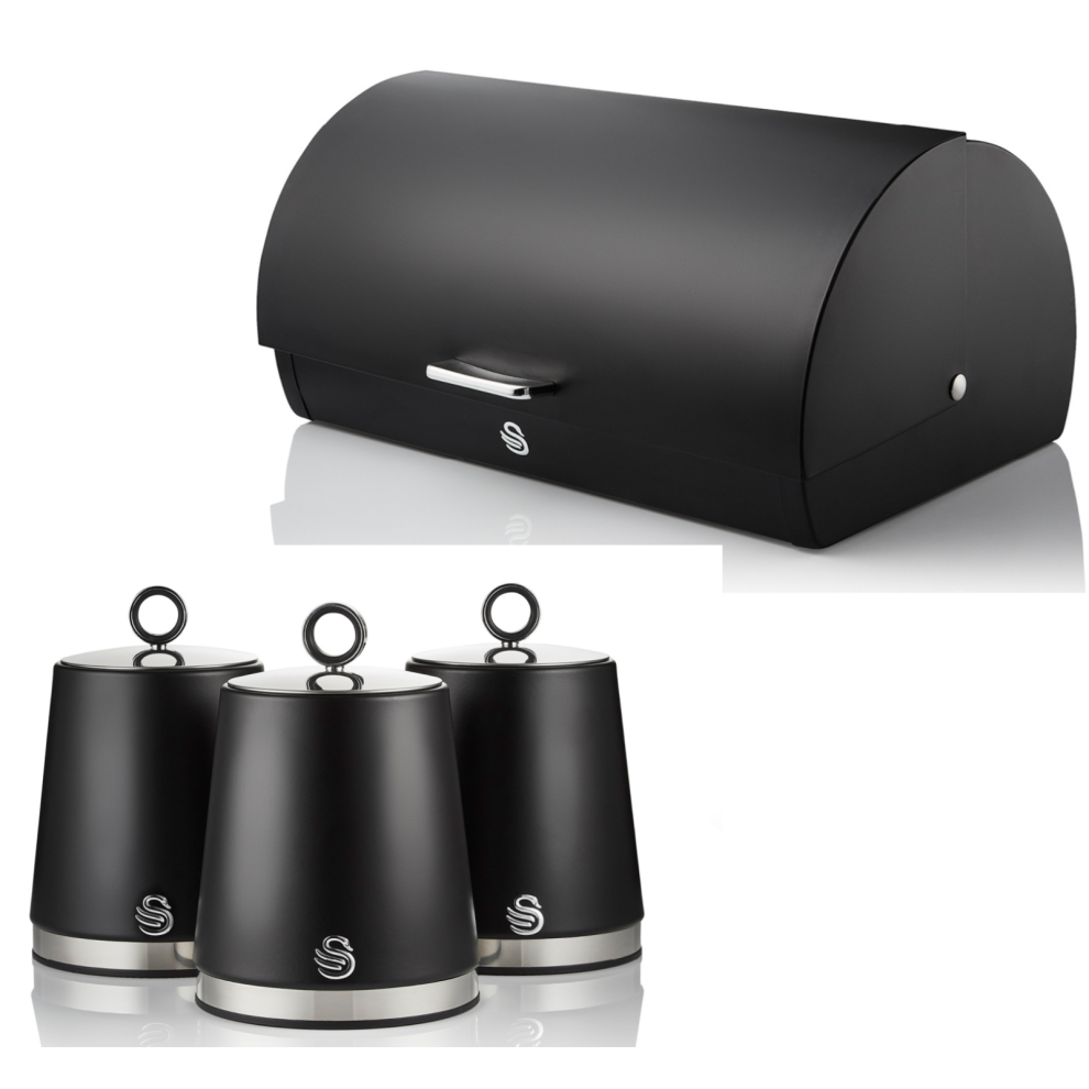 Swan Serenity Black Bread Bin & Canisters Kitchen Storage Set