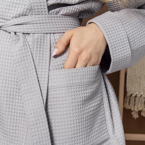 (Grey, L/XL) Lightweight Unisex Waffle Bathrobe Kimono 2