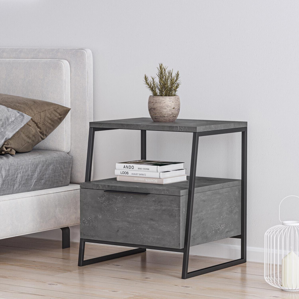 FWStyle Retro Grey 1 Door Bedside Table Cabinet Modern Black Metal Frame
