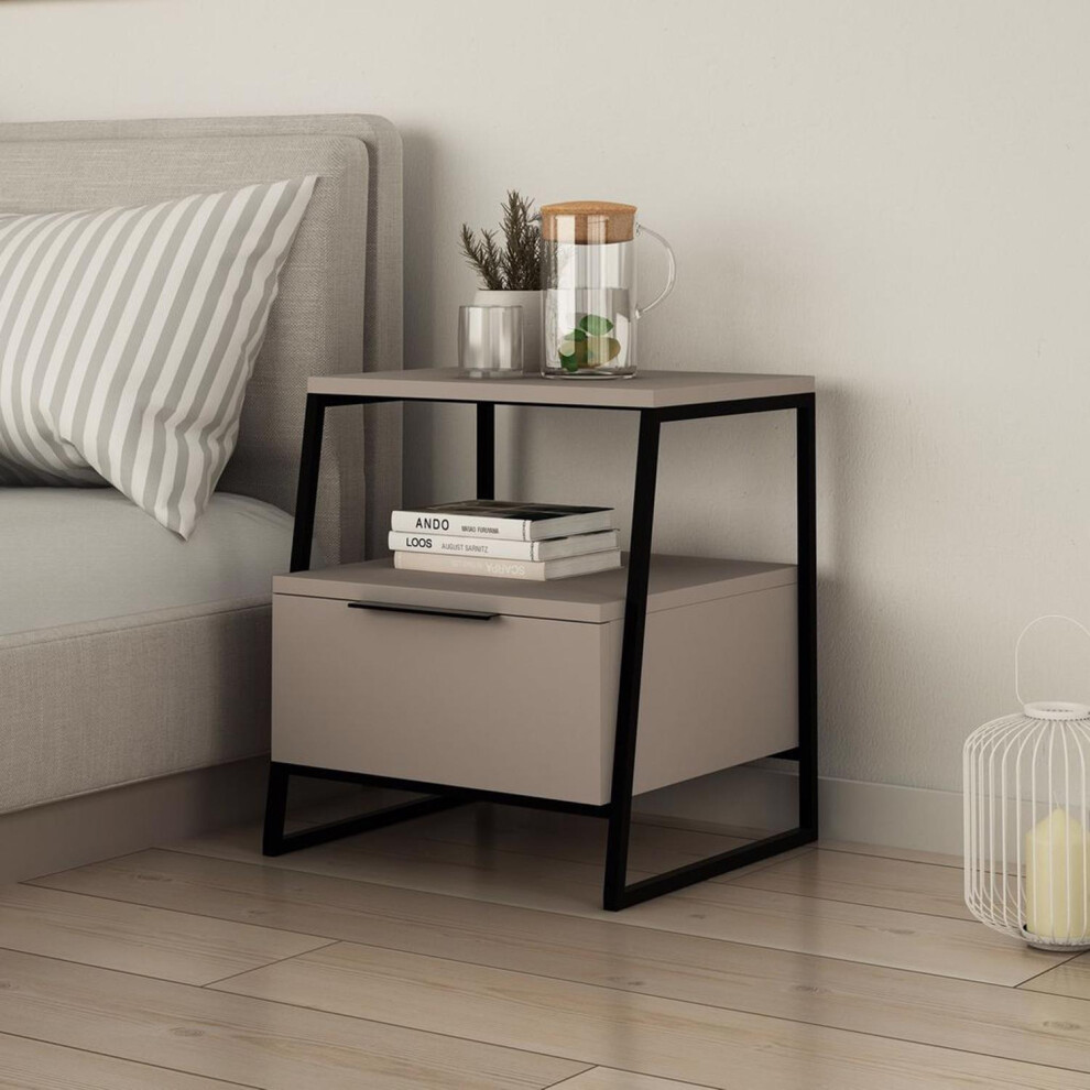 FWStyle Mocha Grey 1 Door Bedside Table Cabinet Modern Black Metal Frame