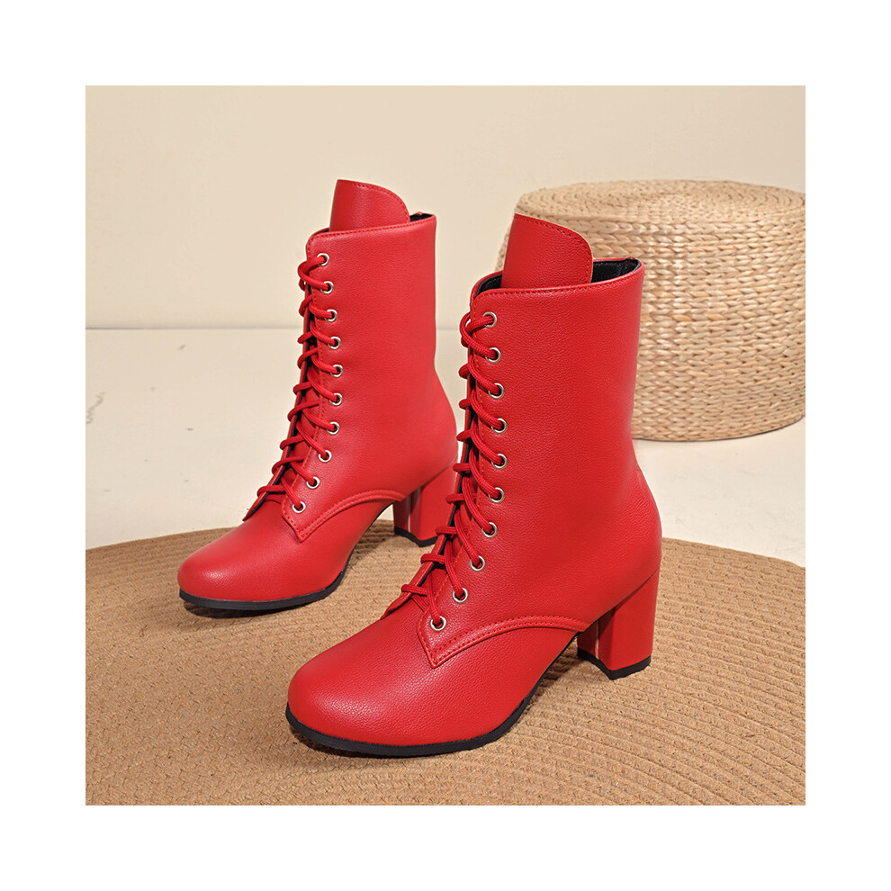 (Red, 39) Casual Trendy Short Ankle Boots For Women With Classic Front Lace Design-image-OPC-PFK298K-NEW