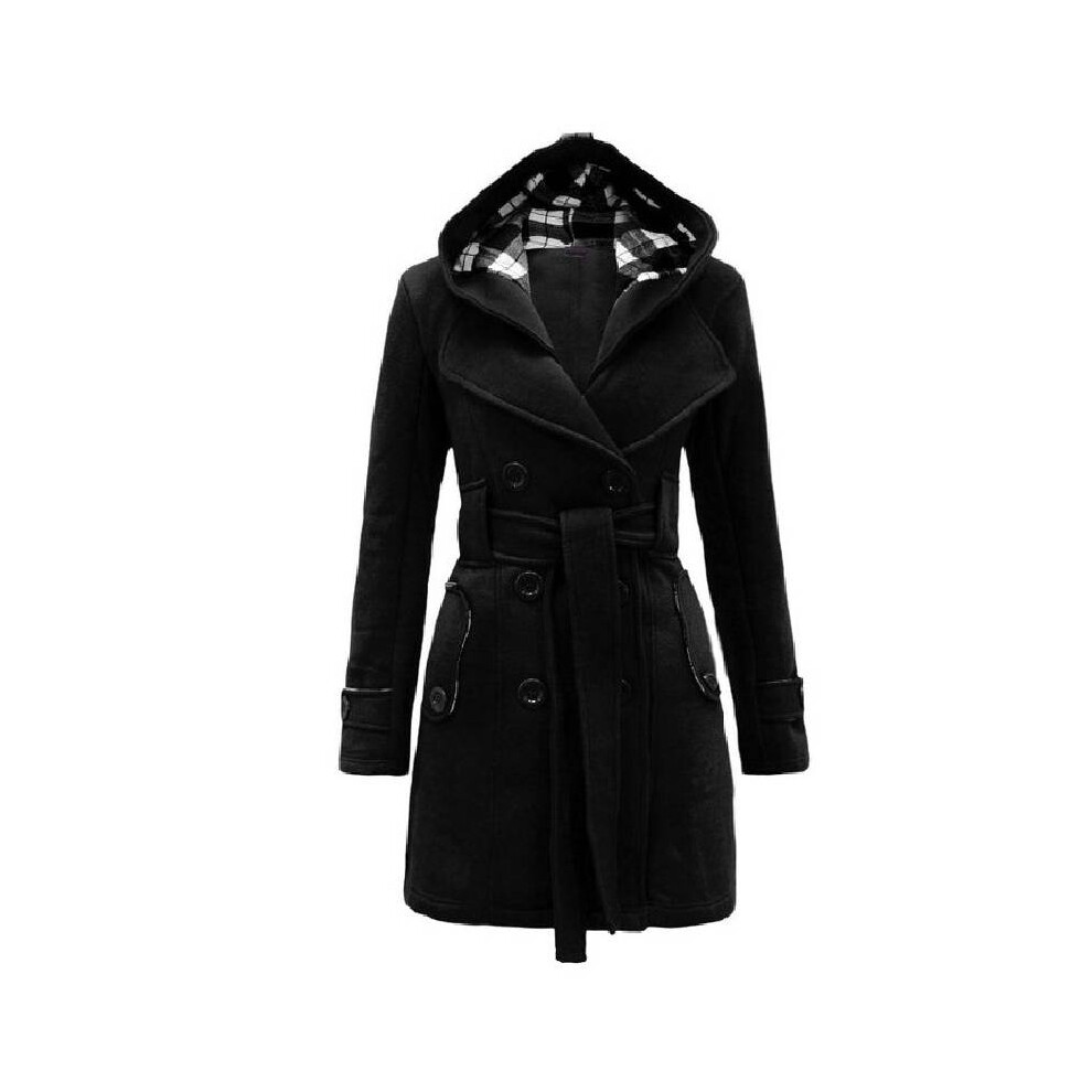 (Black, L) Women Check Hooded Belted Winter Duffle Coat Long Buttoned Fleece Jacket Clothes