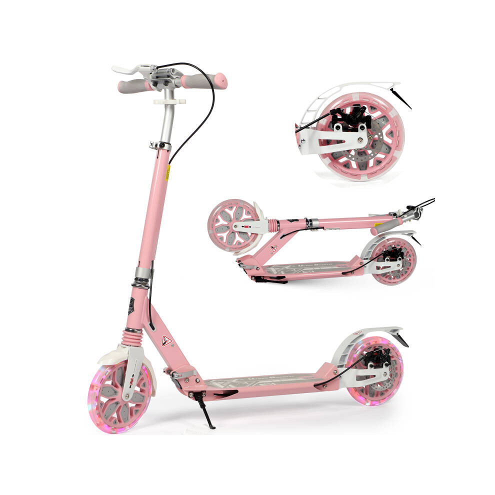 (Pink) Scooter for Kids Age 8-12 with 2 Light-up Wheels, 200mm Big Wheels Adult Scooters with Disc Brakes, Foldable Teenager Kick Scooter for 11-15