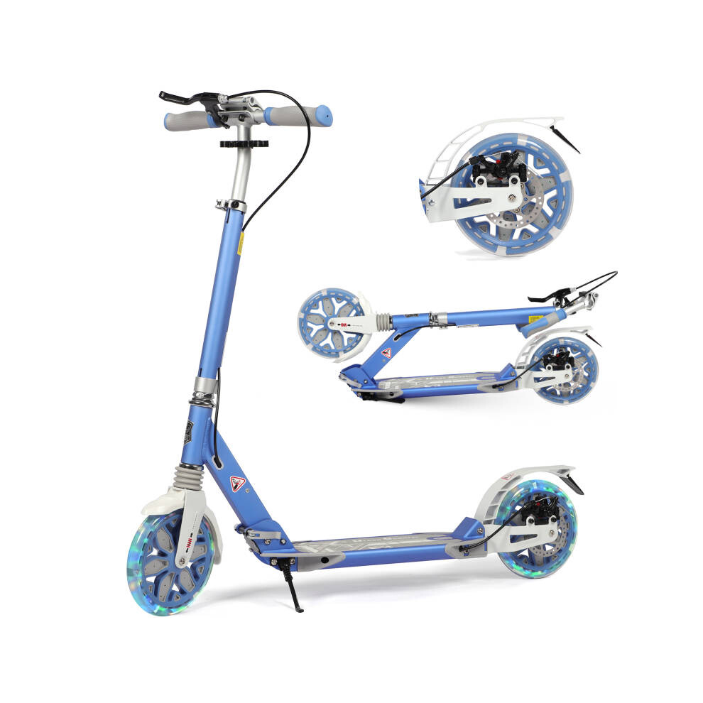 (Light Blue) Scooter For Kids Age 8-12 With 2 Light-up Wheels, 200mm Big Wheels Adult Scooters With Disc Brakes, Foldable Teenager Kick Scooter For 11