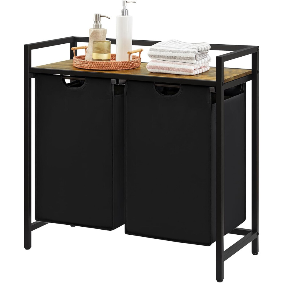 (95L, Black) 95 L Laundry Basket with Shelf and Double Pull-Out Removable Bags, Laundry Sorter for Laundry Room Bedroom Bathroom Dorm, Black