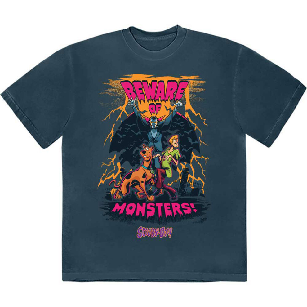 (M, Blue) Scooby Doo Beware Of Monsters T Shirt