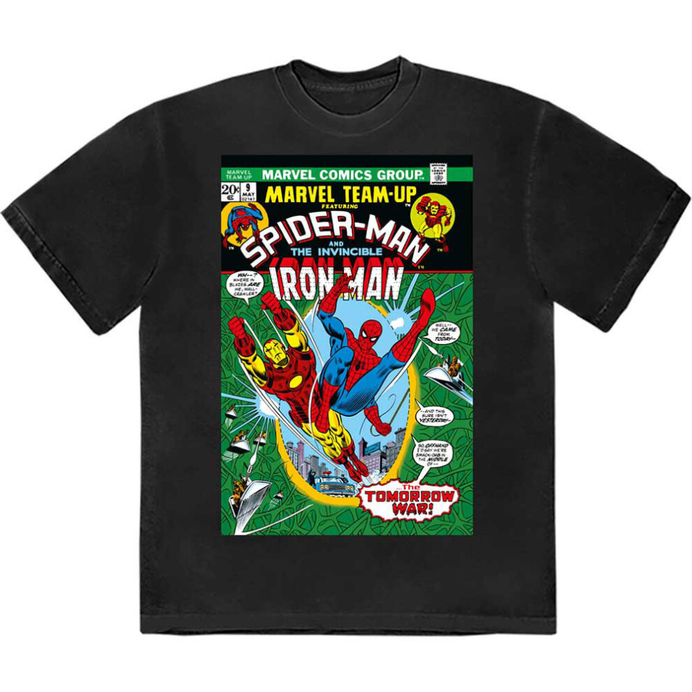 (M, Black) Spiderman And Iron Man Comic Cover T Shirt
