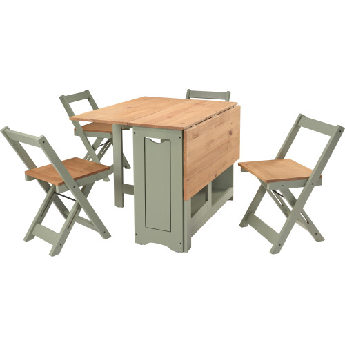 Seconique Santos Folding Drop Leaf Butterfly Dining Table Set 4 Chairs Sage Green & Distressed Wax Pine 1