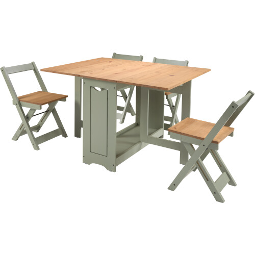 Seconique Santos Folding Drop Leaf Butterfly Dining Table Set 4 Chairs Sage Green & Distressed Wax Pine 2
