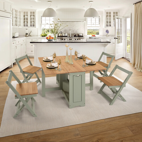 Seconique Santos Folding Drop Leaf Butterfly Dining Table Set 4 Chairs Sage Green & Distressed Wax Pine
