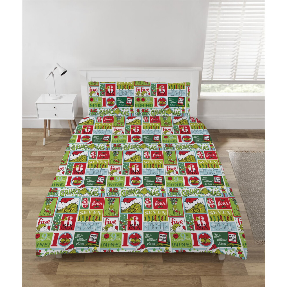 (Double, Green) Grinch Duvet Cover Novelty Bed Set Double Colourful Christmas Reversible Xmas