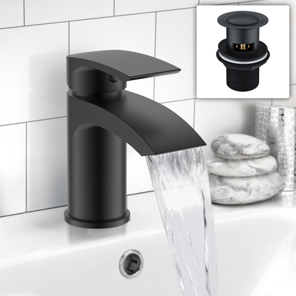 Nes Home Matt Black Cloakroom Bathroom Basin Mono Mixer Tap With Waste