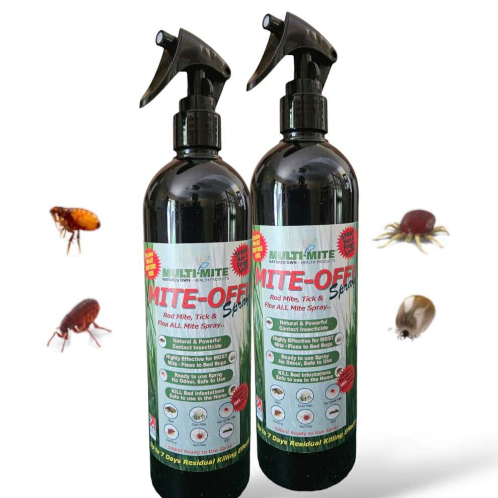 MULTI-MITE 2 X MITE OFF 500ML Flea Spray & ALL Mites Killer Home Safe