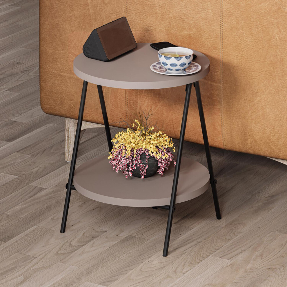 FWStyle 2 Tier Round Side Table Scratch Resistant Mocha Grey Metal Frame