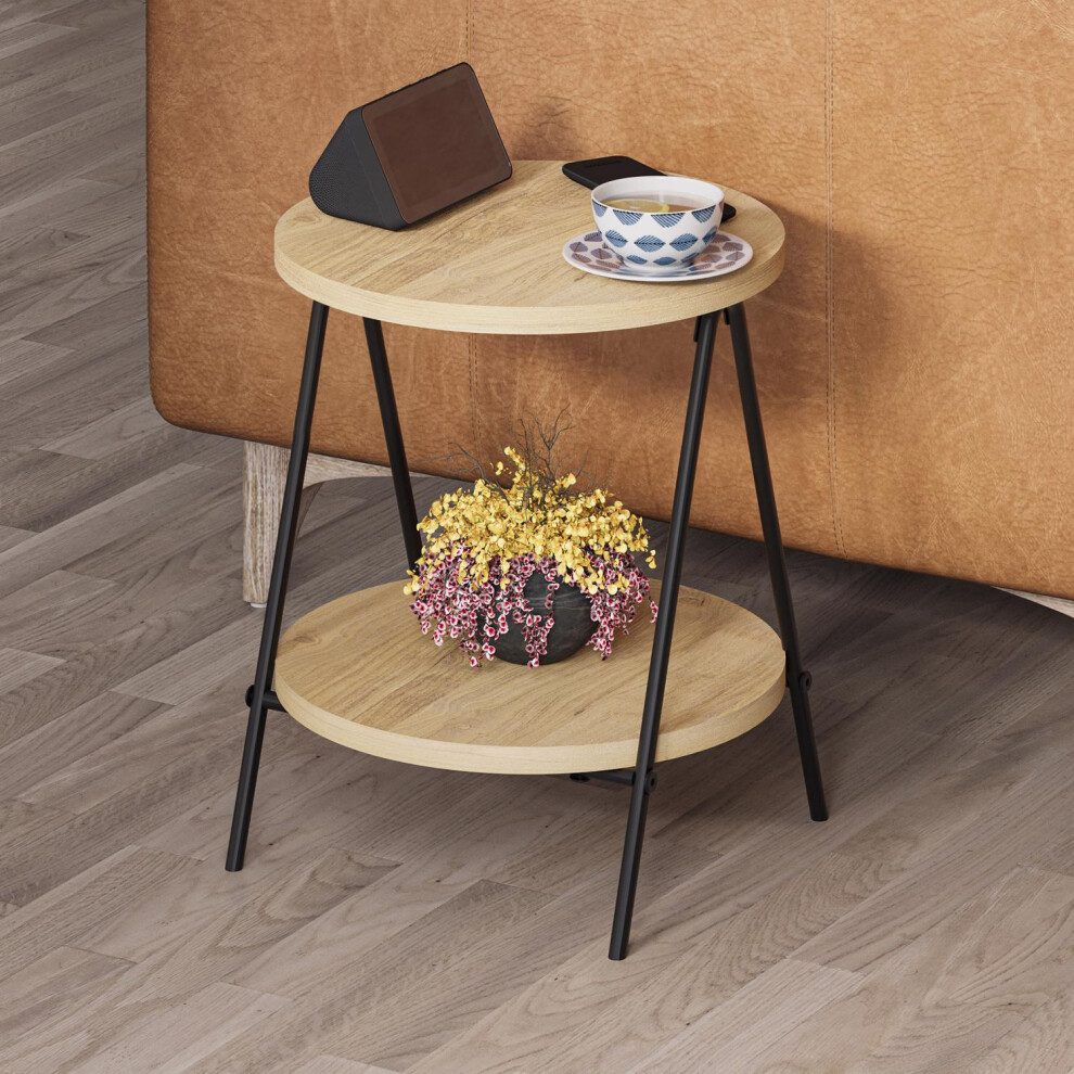 FWStyle Round Side Table 2 Tier Scratch Resistant Natural Oak Metal Frame