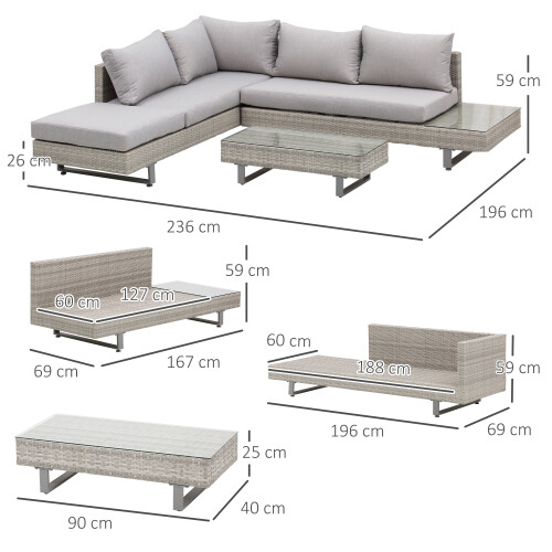 Outsunny Outsunny 3pc Rattan Wicker Sofa Set with Tea Table & Cushions, Grey 1