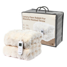 (Cream) LIVIVO Luxury Faux Rabbit Fur Electric Heated Throw