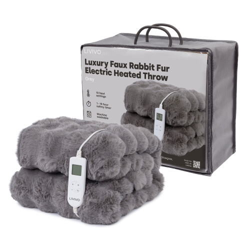 LIVIVO Luxury Faux Rabbit Fur Electric Heated Throw Grey