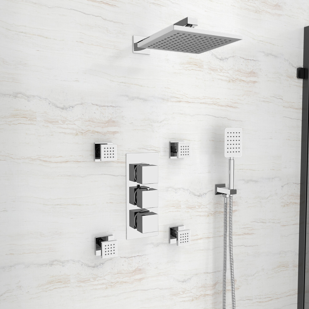 Nes Home Square 3 Way Concealed Shower Mixer Valve, 200 mm Shower Head, Wall Arm, Handheld, Body Jets Set Chrome