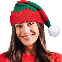 Elf Santa Hat with Red Bells - Stretchy Acrylic Knit, Festive Stage Prop for Halloween, Christmas & New Year Parties