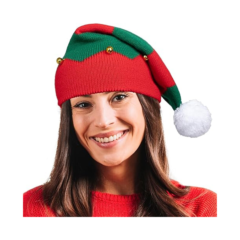 Wool knitted Elf Santa hat with red bells for Halloween Christmas and New Year stage shows and holiday party decorations