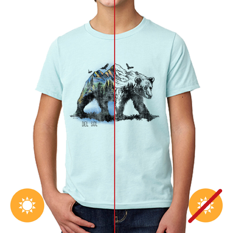 Del Sol Youth Boys Premium Crew Tee - Bear Scene, Ice Blue T-Shirt - Changes From Black To Vibrant Colors In The Sun - 100% Combed, Ring-Spun Cotton, Relaxed Fit - Size Yl-image