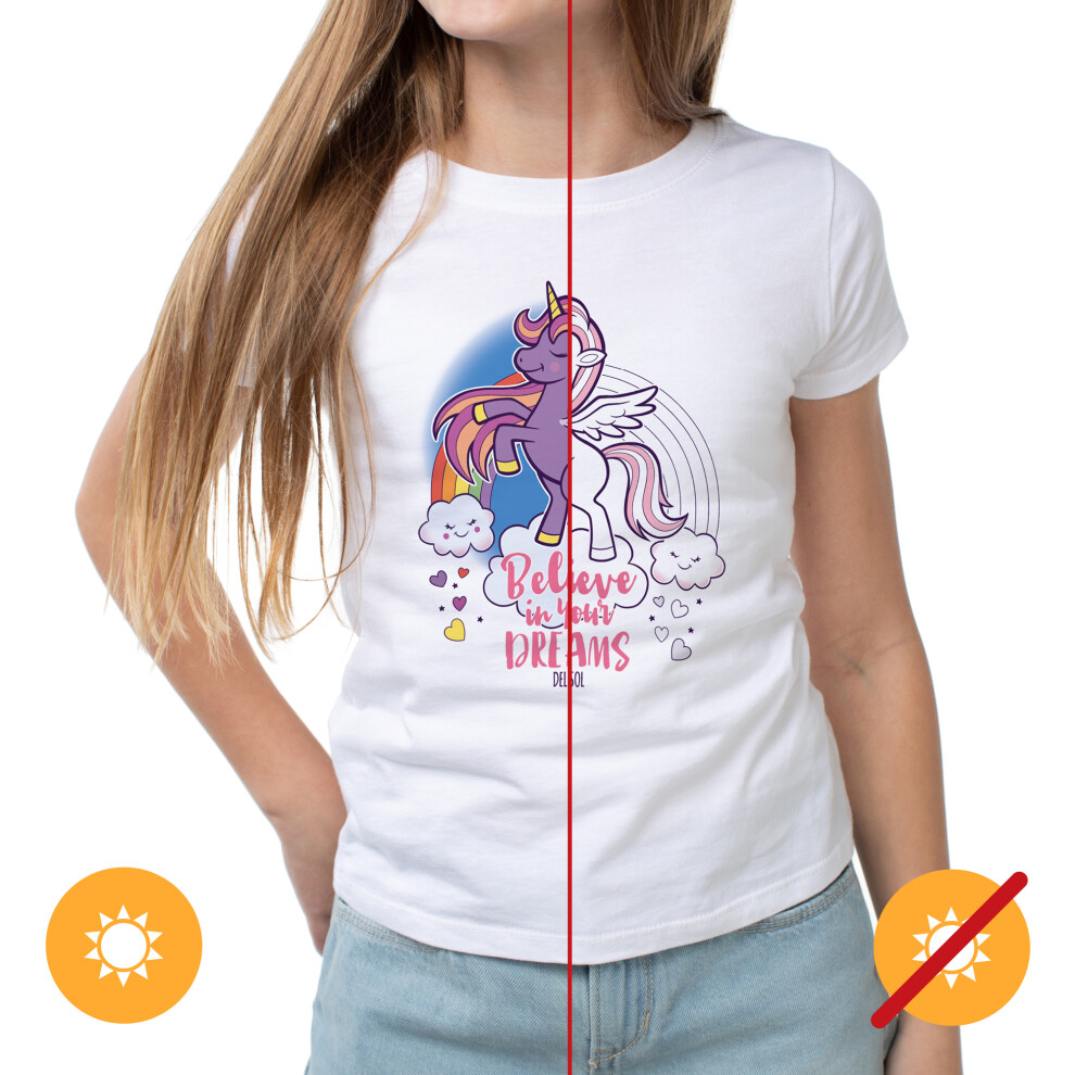 Del Sol Youth Girls Crew Tee - Believe, White T-Shirt - Changes From Pink & White To Vibrant Colors In The Sun - 100% Combed, Ring-Spun Cotton, Short Sleeve - Size Ym-image