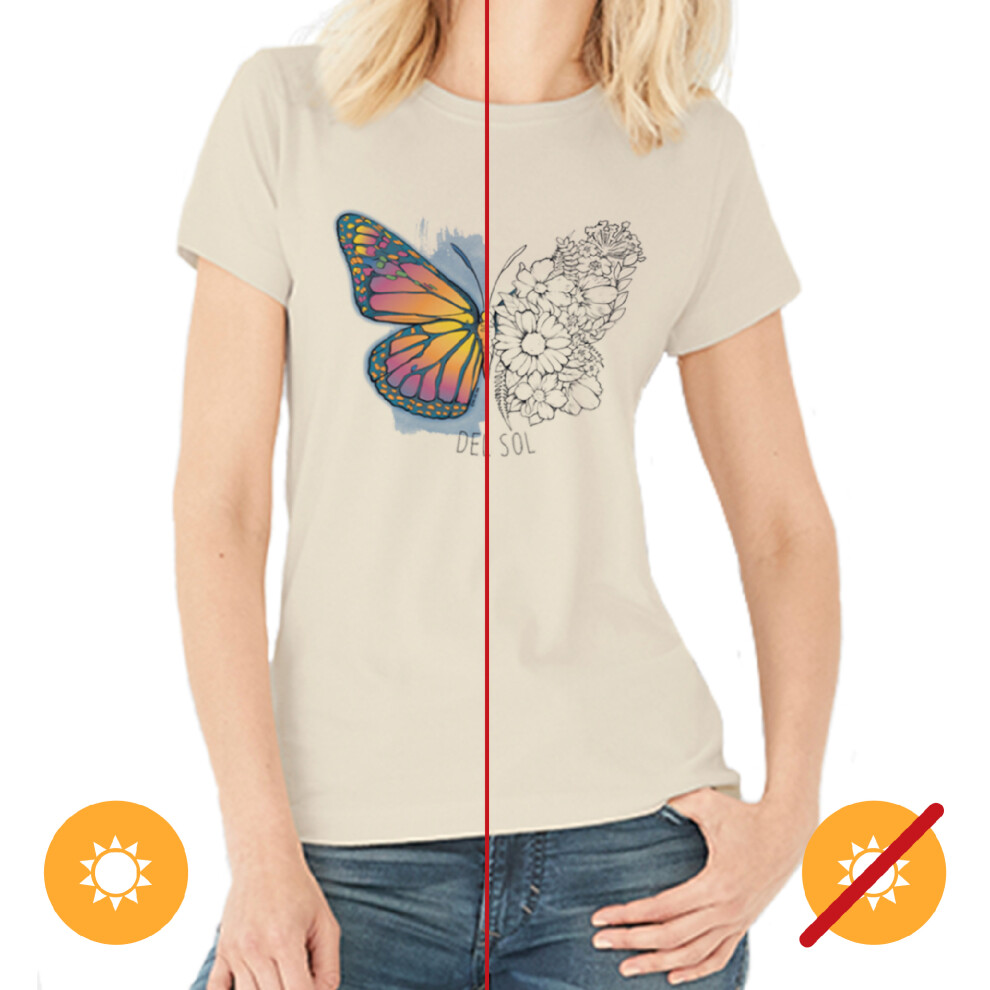 Del Sol Women's Boyfriend Tee - Butterfly Floral, Natural T-Shirt - Changes From Blue To Vibrant Colors In The Sun - 100% Combed, Ring-Spun Cotton, Fine Jersey - Size L-image