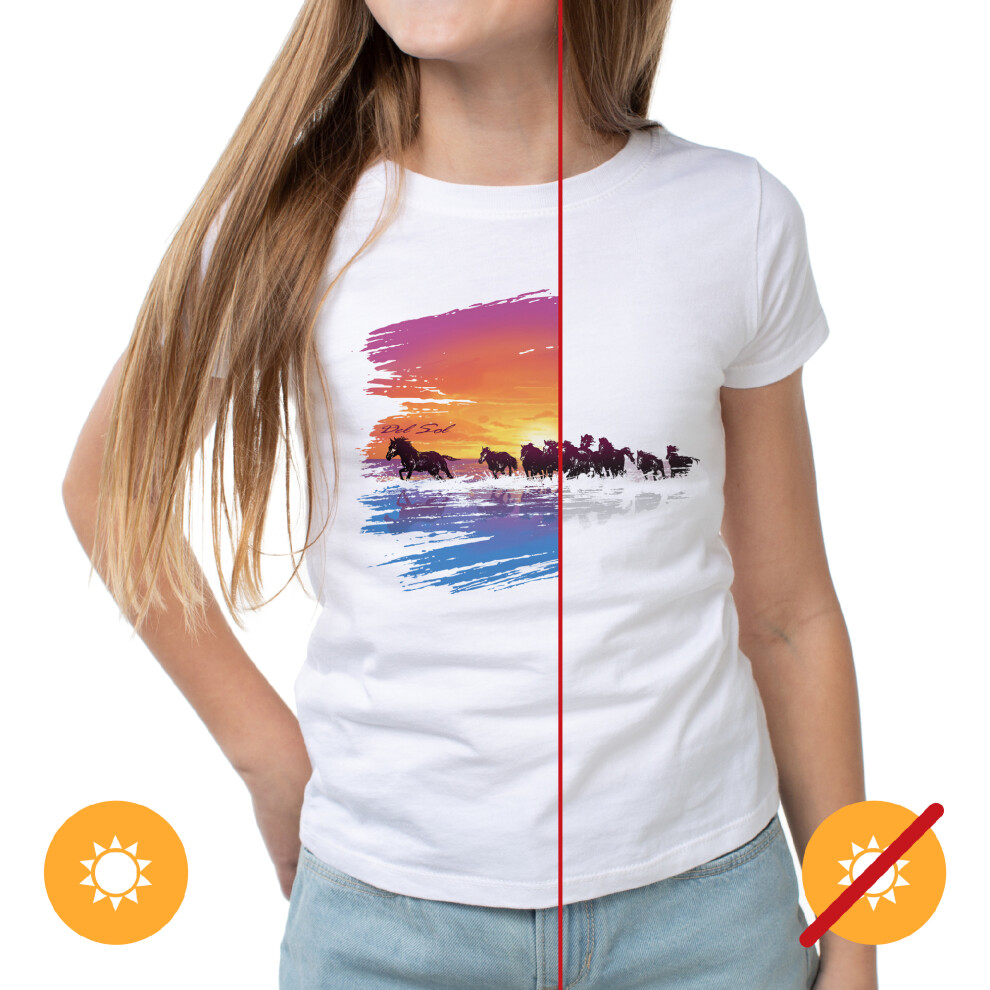 Del Sol Women's Junior Crew Tee - Wild Horses, White T-Shirt - Changes From Purple & Black To Vibrant Colors In The Sun - 100% Combed, Ring-Spun Cotton, Fine Jersey - Size M-image