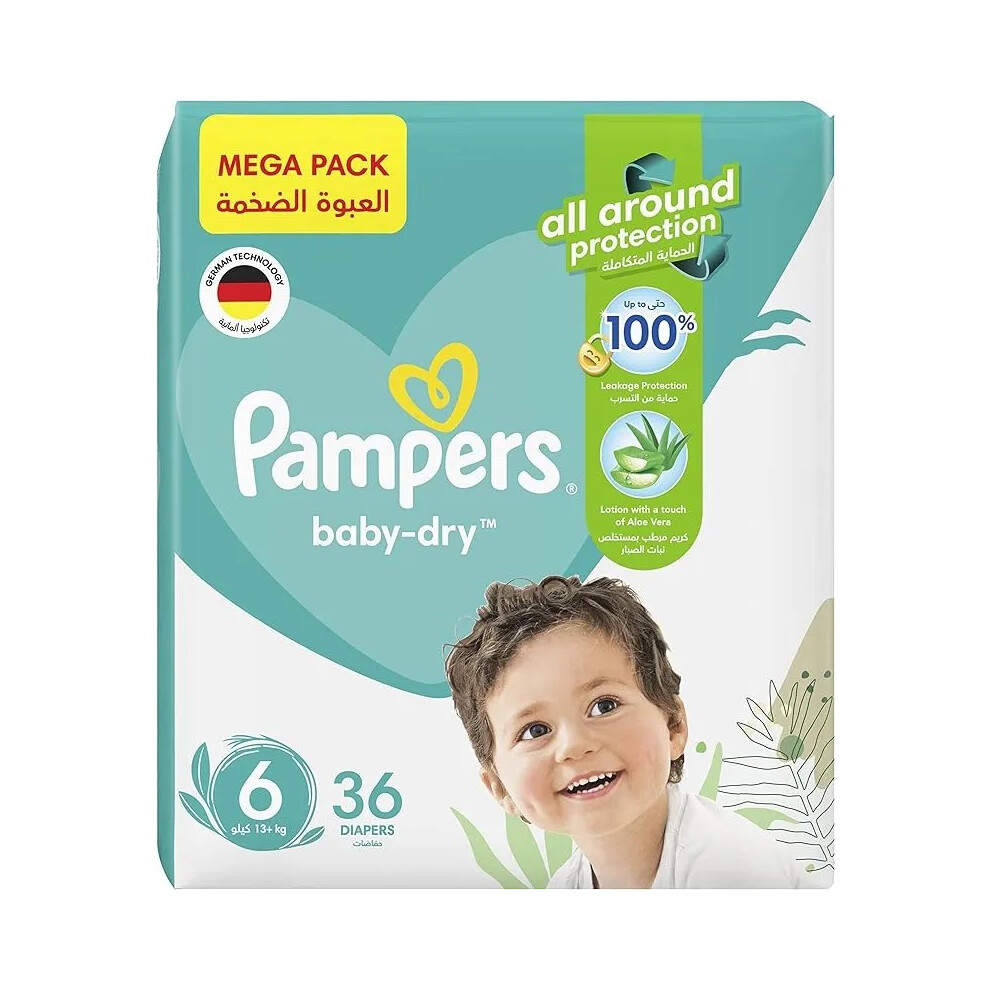 Pampers Baby Dry Mega Pack Size 6 - 36 Diapers |All Around Protection |Taped Diapers with Aloe Vera Lotion |100% Leakage Protection