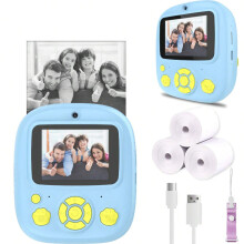 (Blue) Instant Print Camera with 3 Rolls of Paper - 1080P HD Video, Rechargeable, Zero Ink Technology