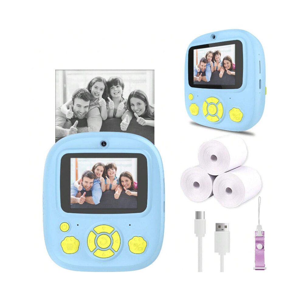 (Blue) Instant Print Camera With 3 Rolls Of Paper - 1080P Hd Video, Rechargeable, Zero Ink Technology Blue 8727971913437