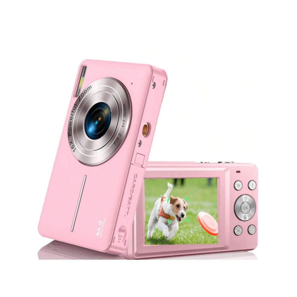 (Pink) FHD 1080P Digital Camera, 44MP Point And Shoot, 16X Zoom, Anti-Shake, Vlogging