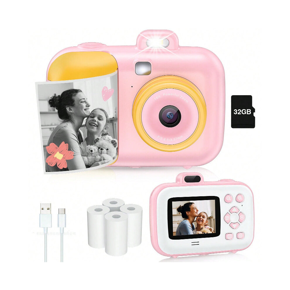 (Pink) Instant Selfie Digital Camera With 4 Rolls Print Paper & 32G Card, 1080P Video & Print Pink 8727971913574