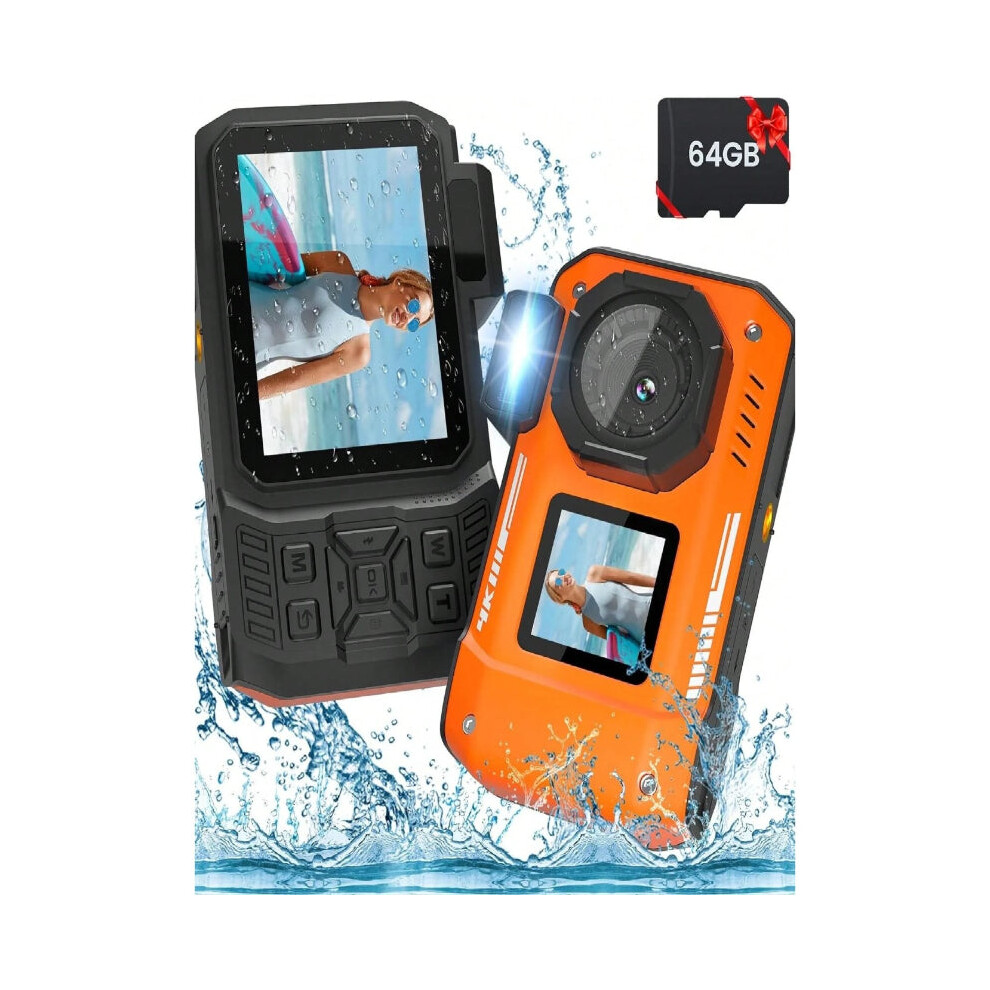 4K 33FT Waterproof Digital Camera, 65MP Autofocus Dual-Screen, 64GB Card, Type-C