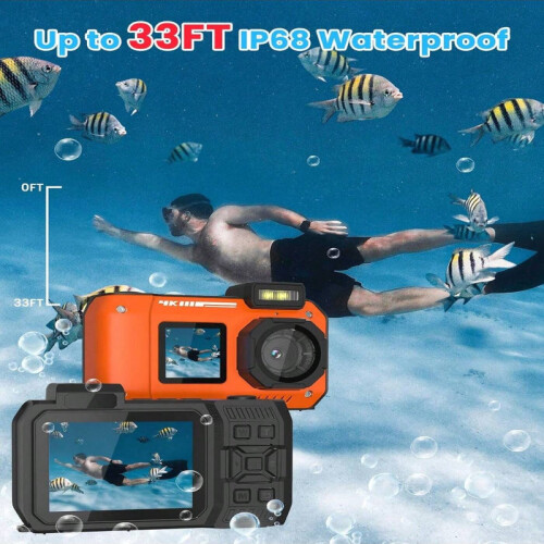 33FT 4K 65MP Waterproof Underwater Camera, Rugged Dustproof Shockproof, Dual-Screen, 64GB Card 2